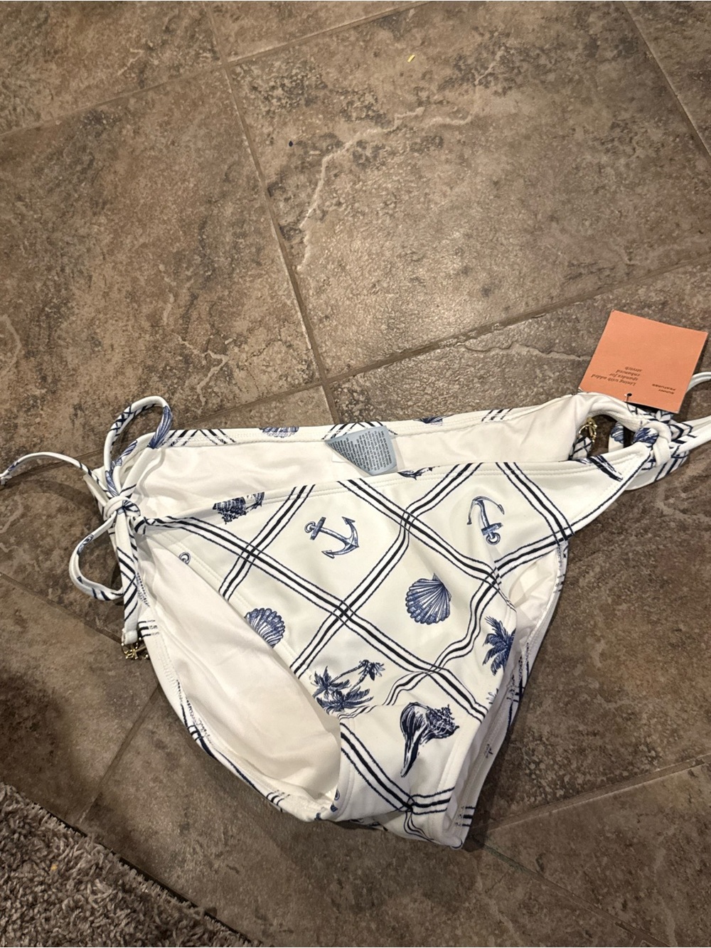 Women’s shell Print Tie-Side Bikini Bottom with gold anchor charms